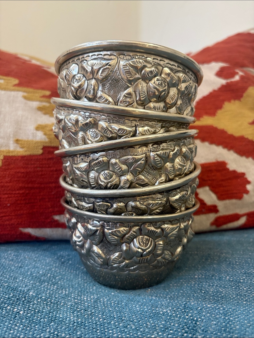Gorgeous Vintage Embossed Floral Alpaca Silver bowls set of 5